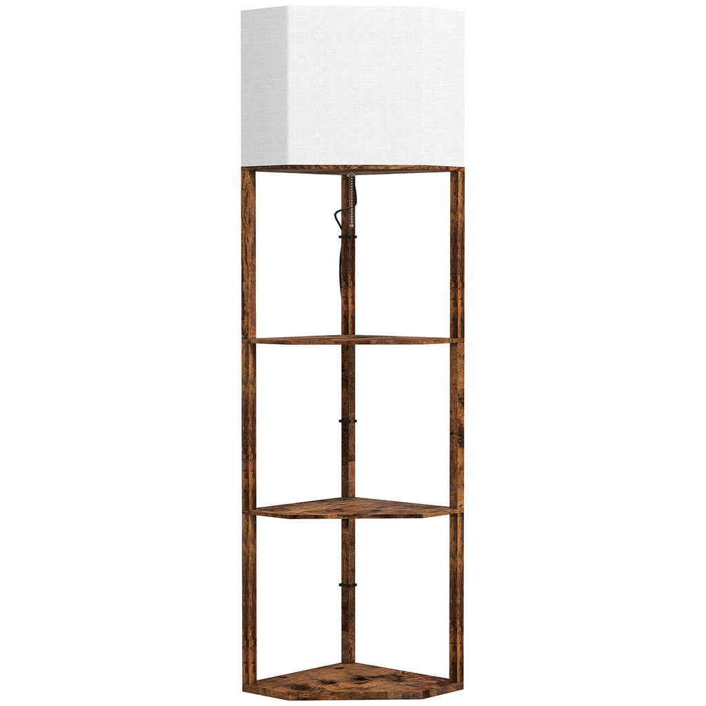 Corner Floor Lamp with Shelves, Tall Standing Lamps for Living Room, with Pull Chain Switch Bulb not Included, Rustic Brown