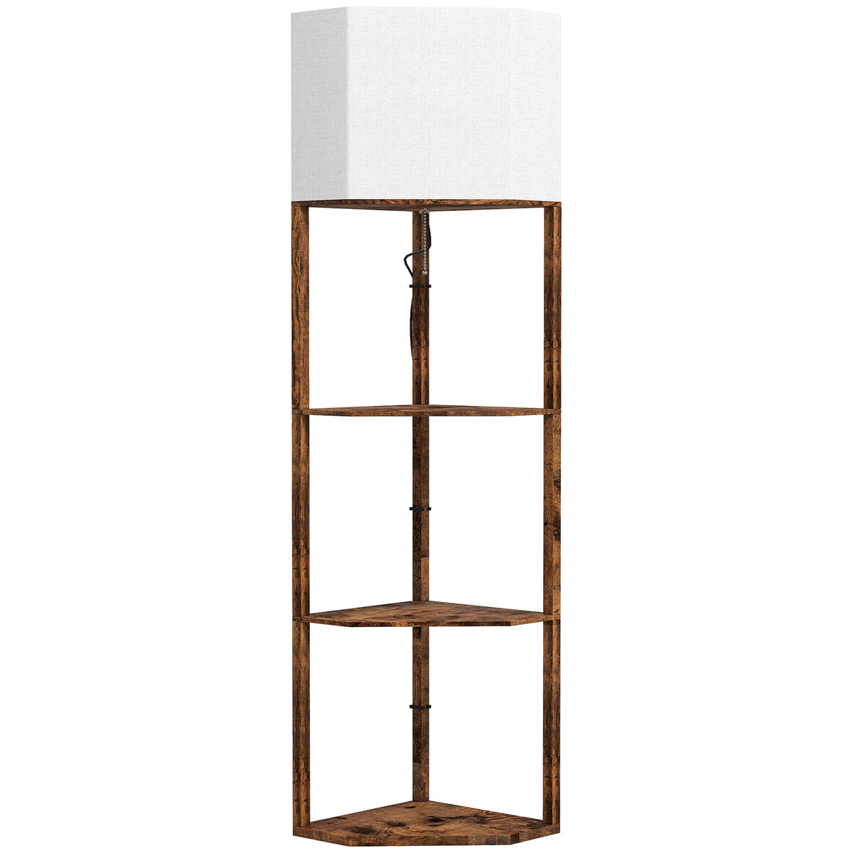 Corner Floor Lamp with Shelves, Tall Standing Lamps for Living Room, with Pull Chain Switch Bulb not Included, Rustic Brown