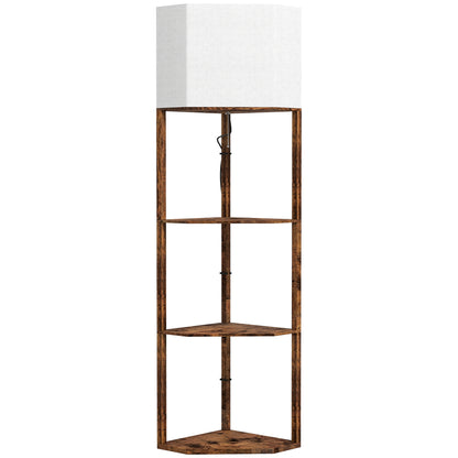 Corner Floor Lamp with Shelves, Tall Standing Lamps for Living Room, with Pull Chain Switch Bulb not Included, Rustic Brown