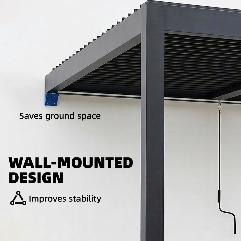 Outsunny 3 x 3 m Louvered Pergola with LED Lights, Metal Louvres, Wall Mounted Aluminium Patio Gazebo Pergola, Dark Grey