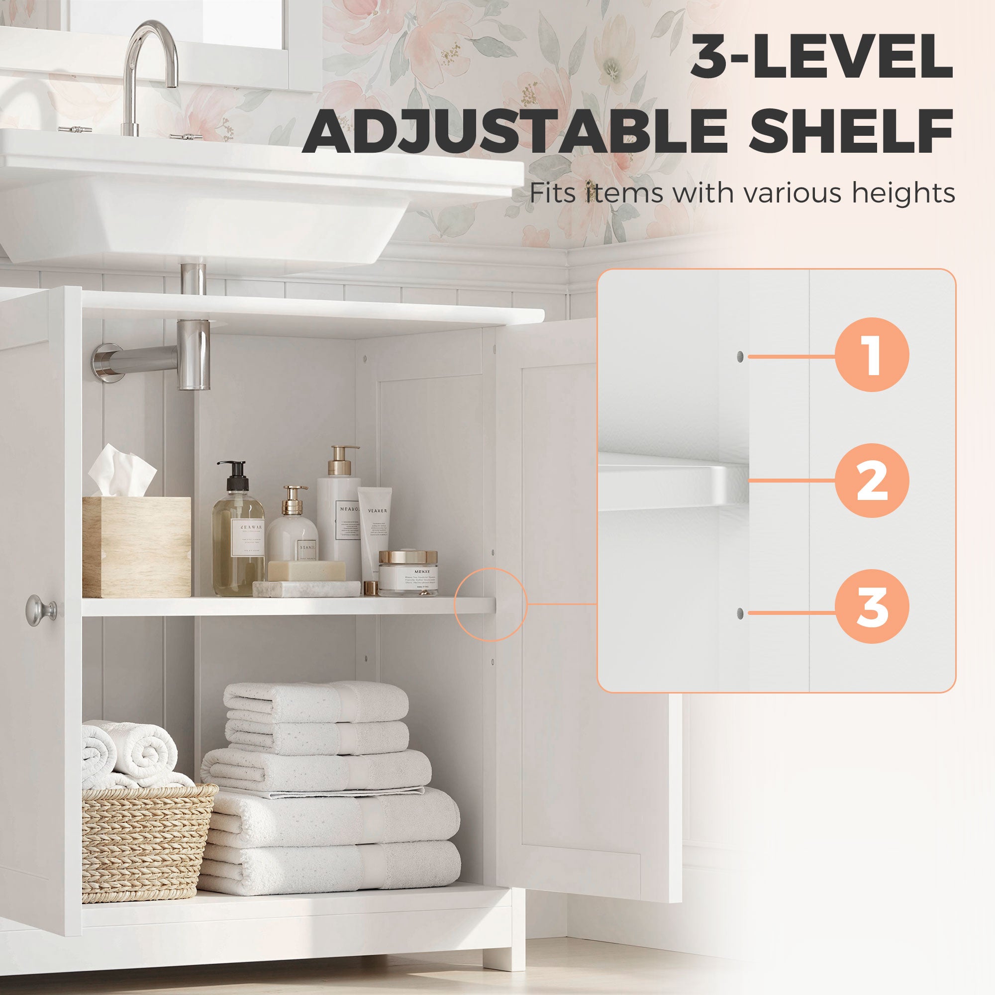 kleankin Under Sink Bathroom Cabinet, Freestanding Under Sink Cabinet with 2 Doors and Adjustable Shelf for Basin without or with Pedestal, White