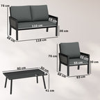 Outsunny 4 Seater Rattan Garden Furniture Set with 2 Armchairs, Loveseat, Coffee Table, Garden Sofa Set with Cushions, Dark Grey