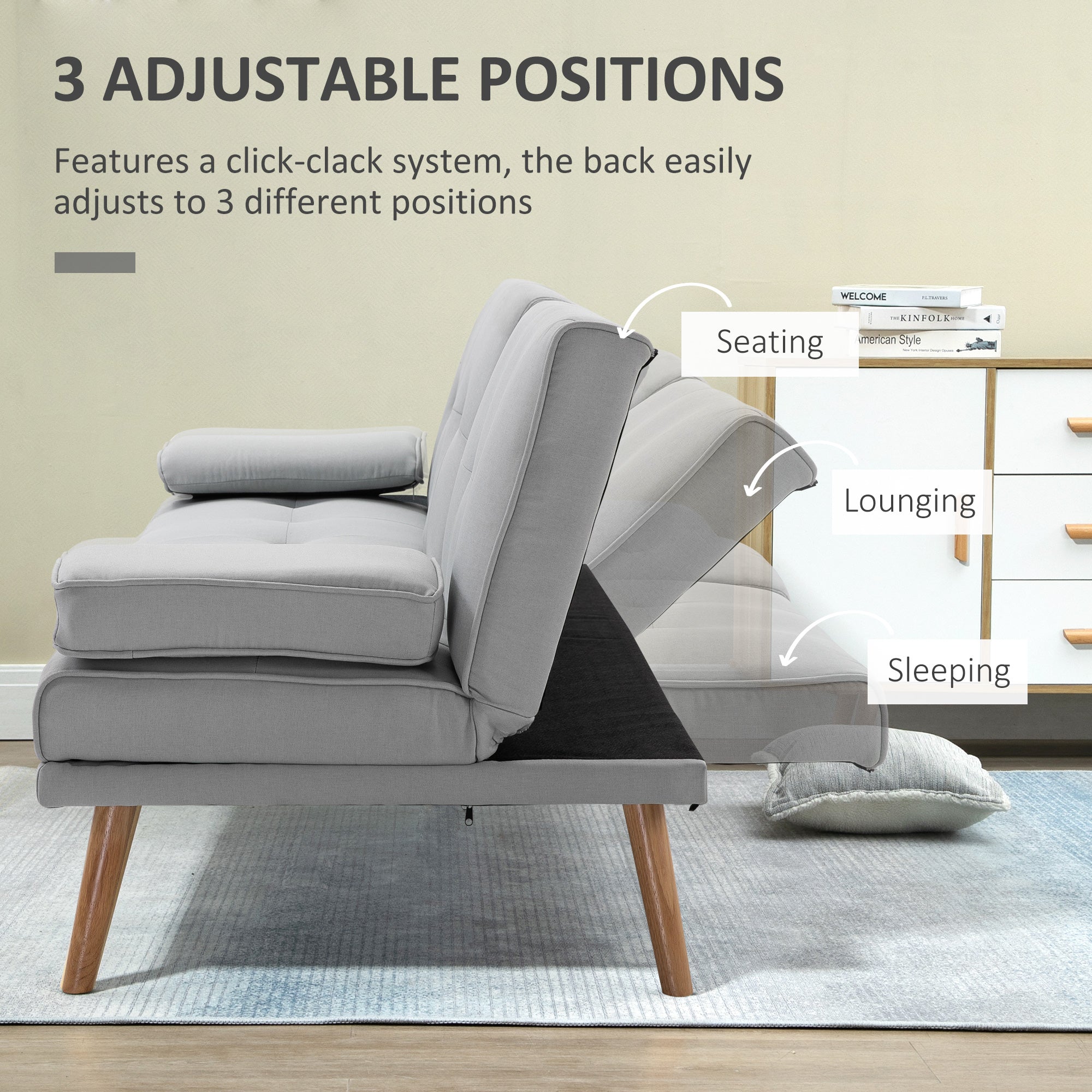 HOMCOM Fabric Click Clack Sofa Bed with 2 Cup Holders, Convertible Futon Settee, Futon Recliner Lounge for Living Room, Spare Room, Bedroom, Grey