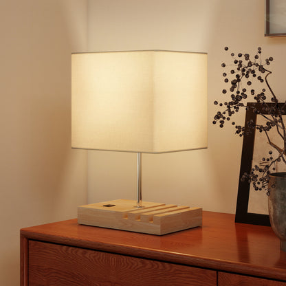 Bedside Lamp with USB A+C Charging Ports and 3 Phone Stands, Modern Table Lamp with Solid Wood Base and Fabric Shade for Bedroom Living Room Office, E27 Socket, Bulb Not Included, White