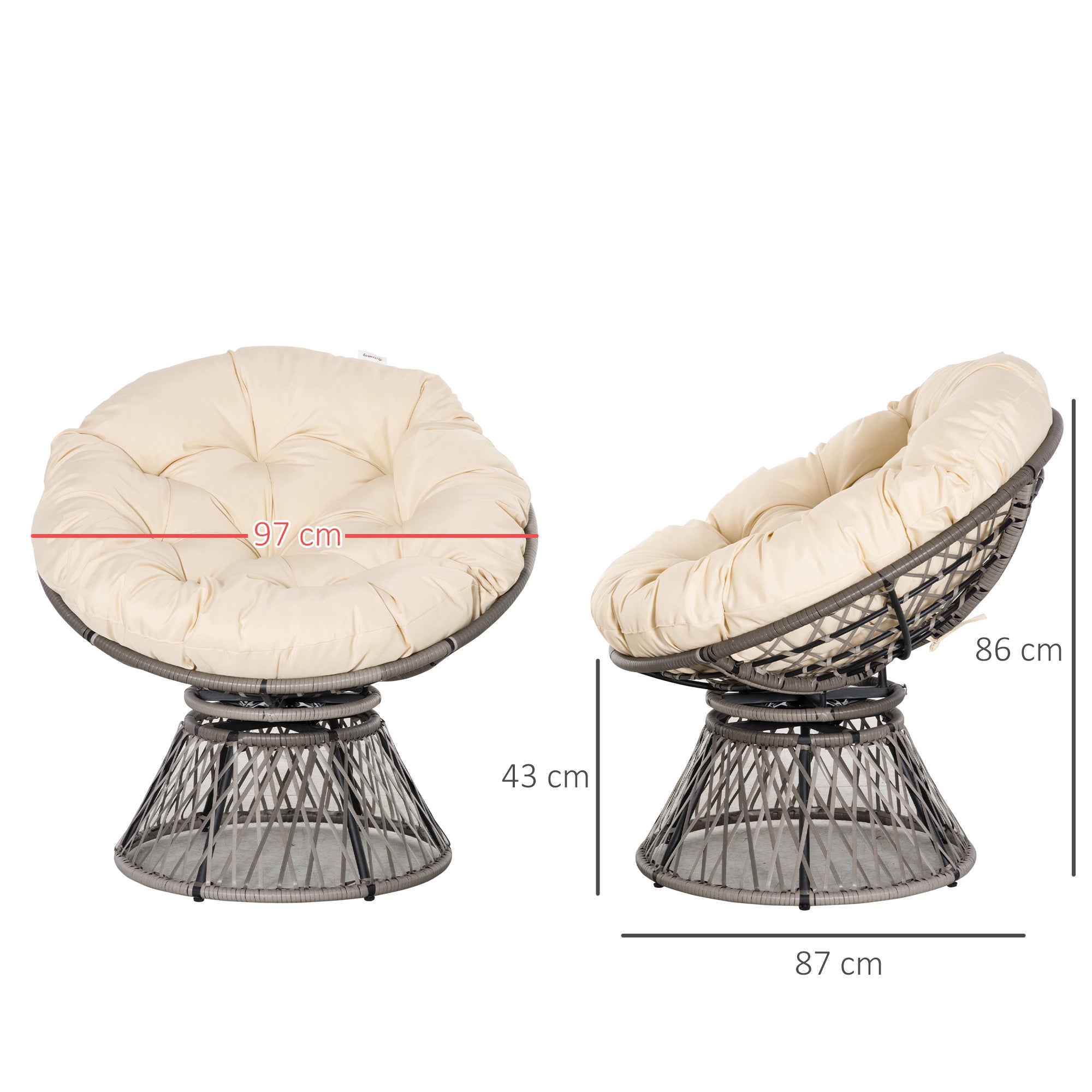 Outsunny 360° Swivel Rattan Moon Bowl Chair Round Lounge Garden Wicker Basket Seat with Padded Cushion Oversized for Outdoor Indoor, Beige