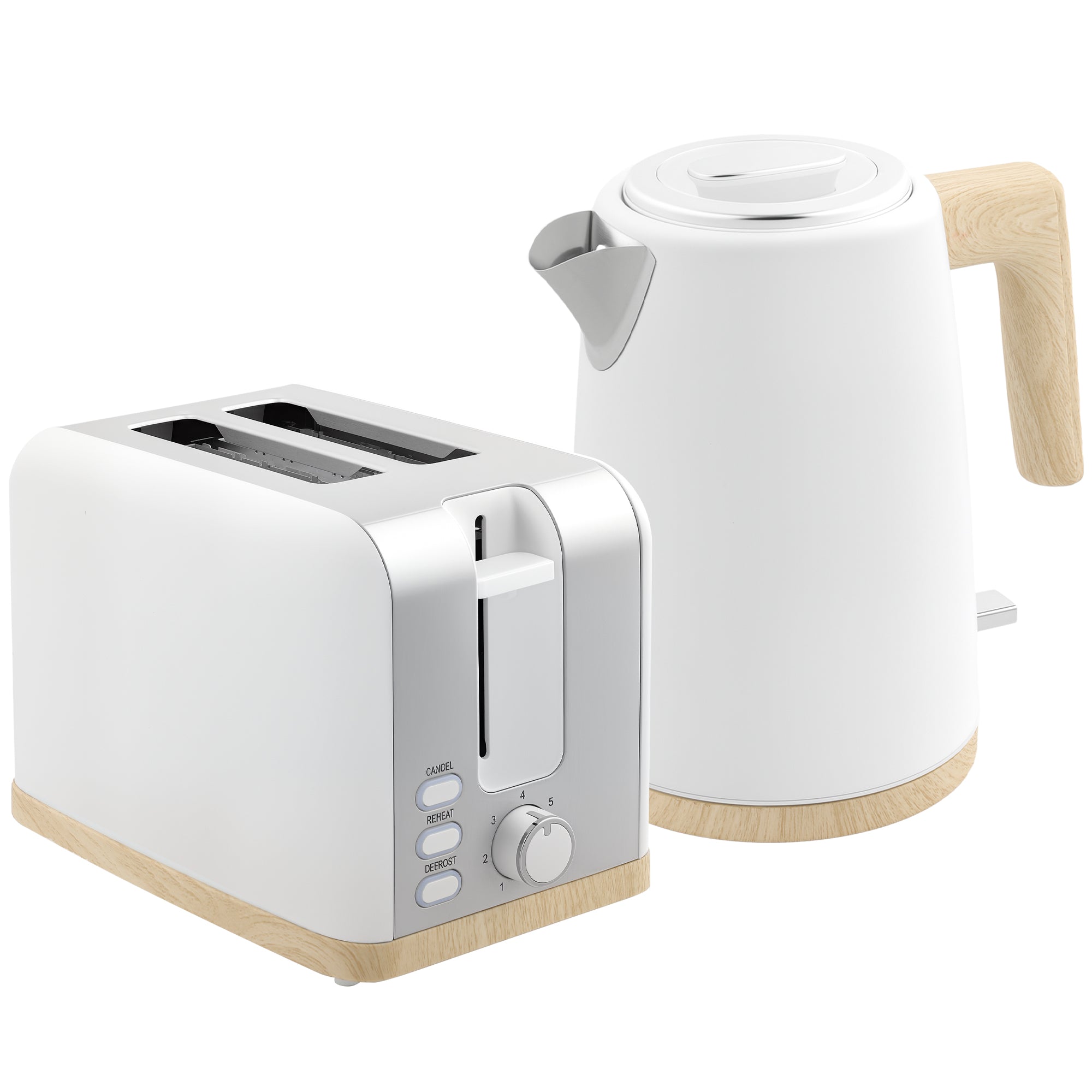 Stainless Steel Kettle and Toaster Set, 1.7L 3000W Fast Boil Kettle & 2 Slice Toaster Kitchen Set with 7 Level Browning Controls, Defrost, Reheat, Auto Off, Boil-dry Protection, White