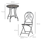 Outsunny 3 Pieces Garden Bistro Set with Coffee Table and 2 Folding Single Chairs, Mosaic Garden Table Top and Seats, Metal Frame, for Patio Balcony, Black
