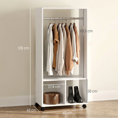Open Wardrobe on Wheels, Bedroom Wardrobe with Clothes Hanging Rail, 2 Storage Shelves, Mobile Garment Rack for Cloakroom, Hallway, White