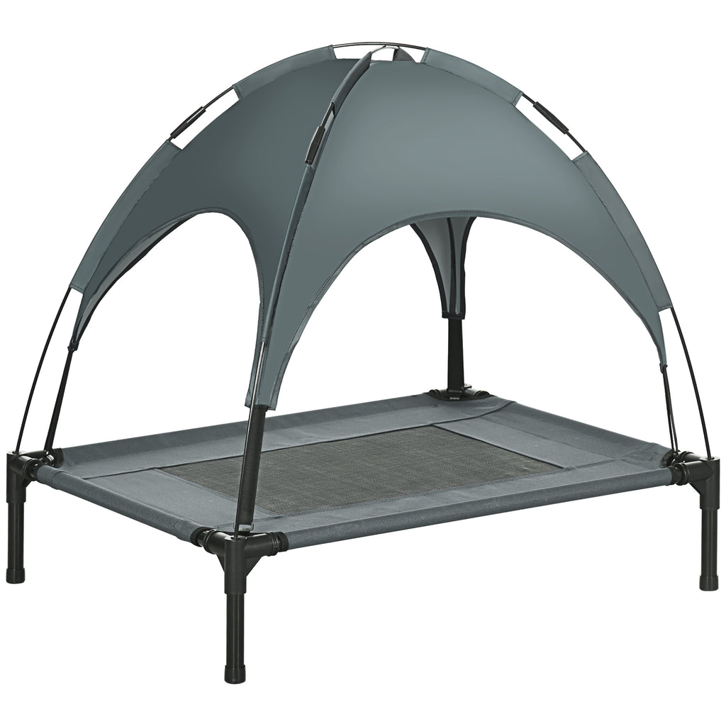 PawHut Outdoor Dog Bed with Removable Canopy, Portable Raised Dog Bed for Camping, Garden & Beach, Water-Resistant UV-Protection Mesh Pet Cot Sun Lounger, for Medium Pets, 76 x 61 x 73 cm, Grey