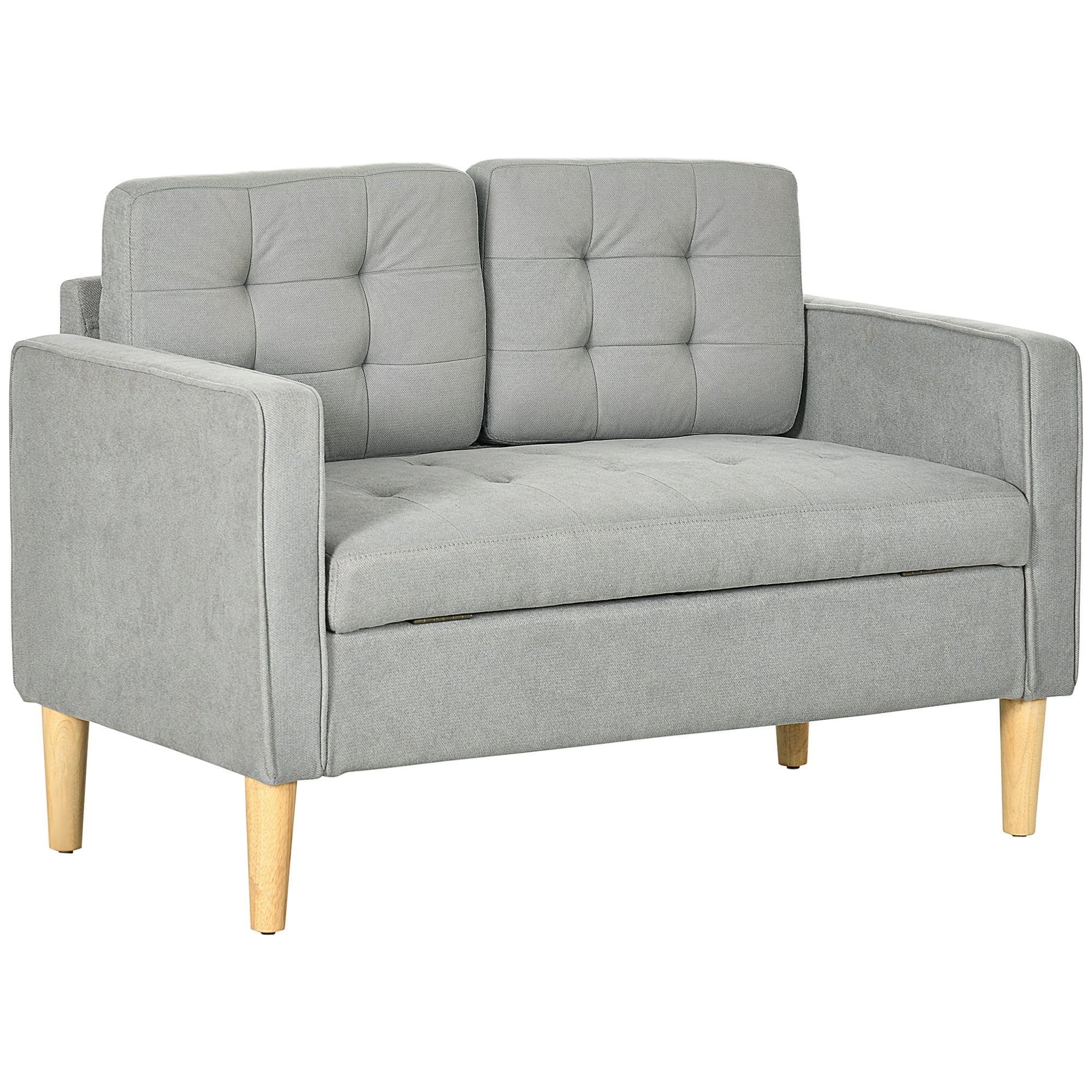 HOMCOM 2 Seater Storage Sofa, Fabric Couch with Hidden Under Seat Storage, Thick Cushions, Compact Space Saving Settee with Rubberwood Legs for Living Room, Apartment, Light Grey