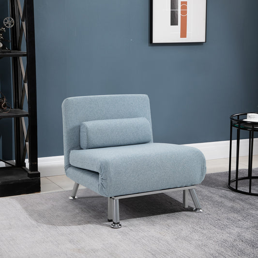 Single Sofa Chair Bed, Linen Fabric 3-in-1 Convertible Sleeper Chair with 5-Position Adjustable Backrest, 75cm Wide Seat, Pillow for Living Room, Bedroom, Sky Blue