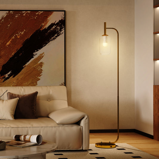 LED Floor Lamp for Living Room with Glass Lampshade, Modern Standing Lamp with Foot Switch, Adjustable Brightness, 2700K for Bedroom, Gold Tone