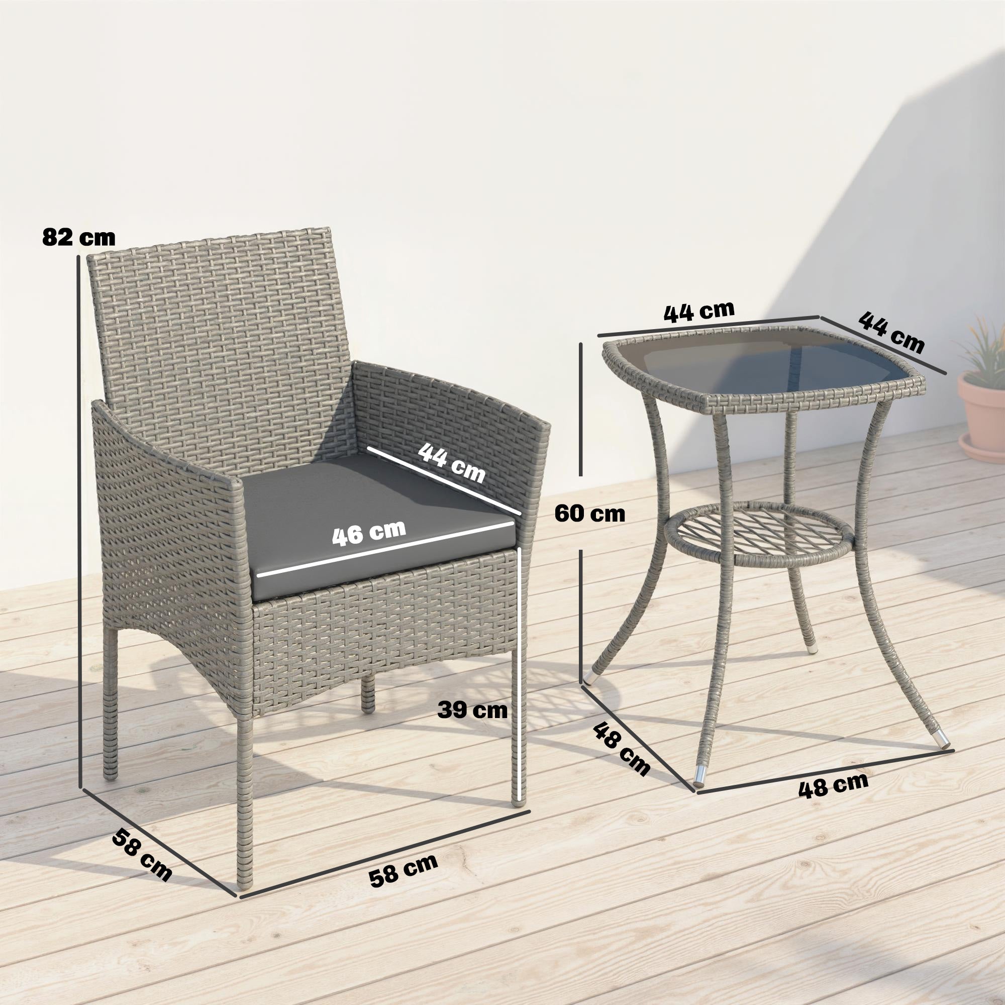 Outsunny 3 Piece Rattan Bistro Set, PE Wicker Garden Furniture Conversation Set with 2 Tier Glass-Top Table, Chairs, Dark Grey