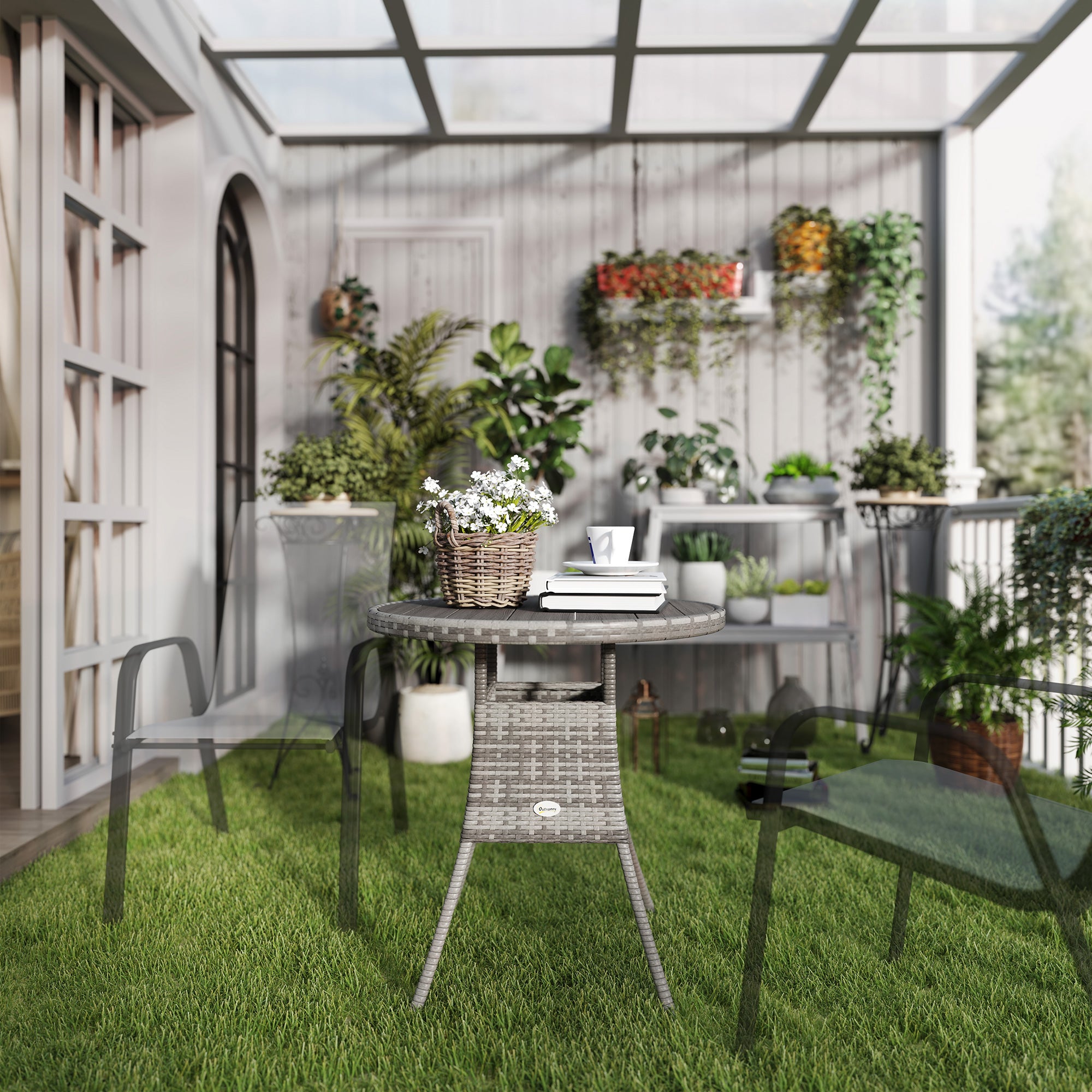 Outsunny 70 cm Wood-Effect Rattan Garden Table - Grey