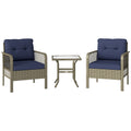 Outsunny 3 Pieces Rattan Bistro Set with Glass Top Coffee Table, Chairs and Cushions for Outdoor, Patio, Balcony, Charcoal Grey