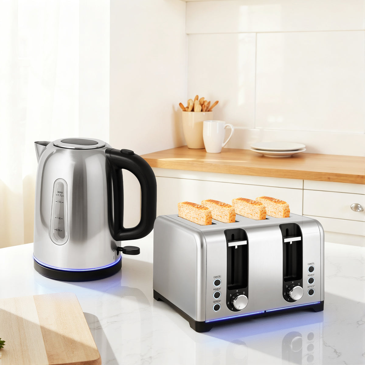 Kettle and Toaster Set, 1.7L 3000W Rapid Boil Jug Kettle with Otter Thermostat, Limescale Filter, 4 Slice Toaster with 7 Browning Controls, Crumb Tray, LED Strip, Silver Tone