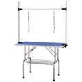 PawHut 42" Dog Grooming Table, Adjustable Pet Cat Drying Beauty Table with 2 Loops Storage Basket, Rubber Top, Blue