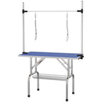 PawHut 42" Dog Grooming Table, Adjustable Pet Cat Drying Beauty Table with 2 Loops Storage Basket, Rubber Top, Blue