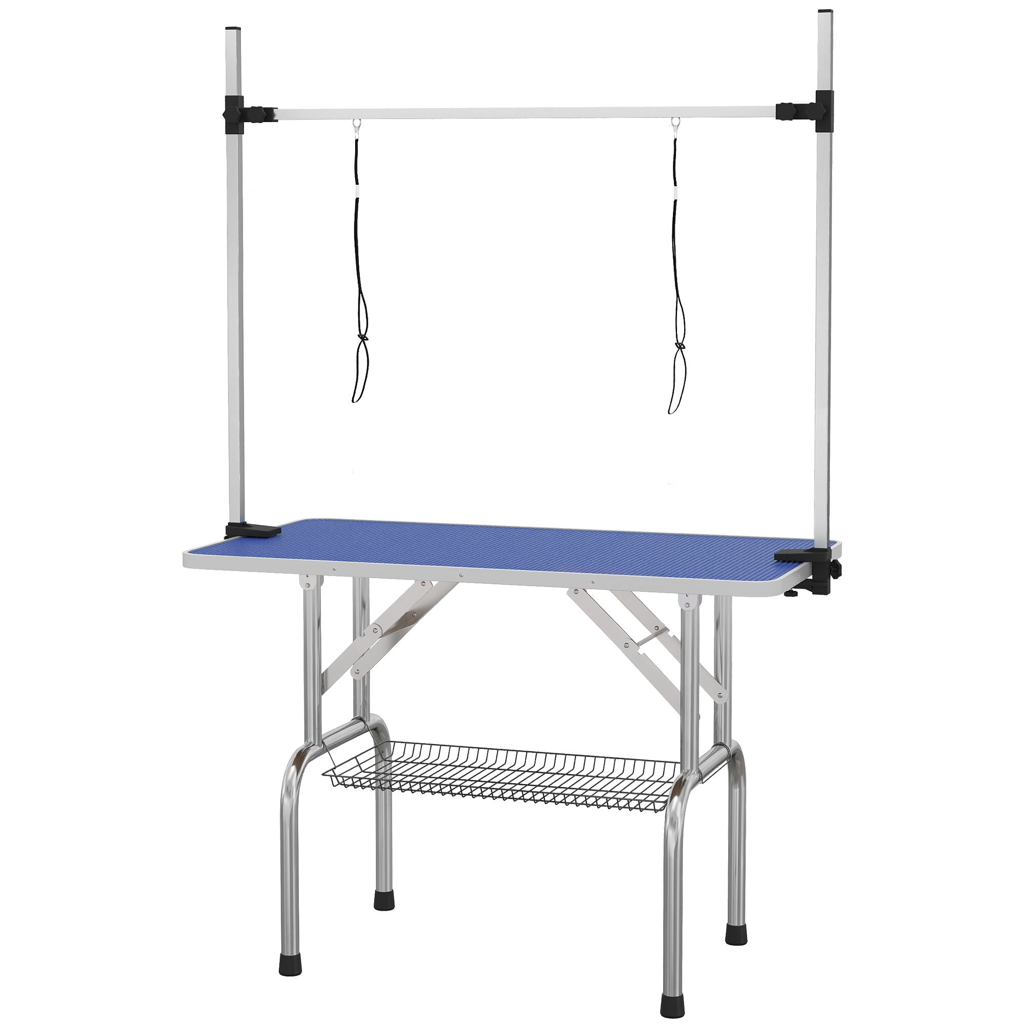 PawHut 42" Dog Grooming Table, Adjustable Pet Cat Drying Beauty Table with 2 Loops Storage Basket, Rubber Top, Blue