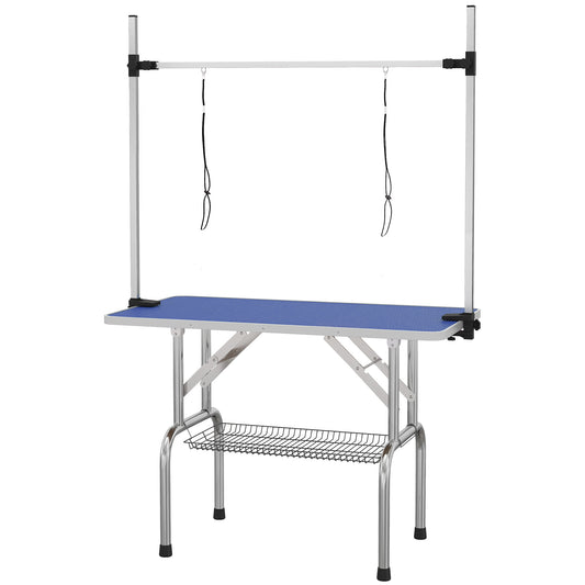 PawHut 42" Dog Grooming Table, Adjustable Pet Cat Drying Beauty Table with 2 Loops Storage Basket, Rubber Top, Blue