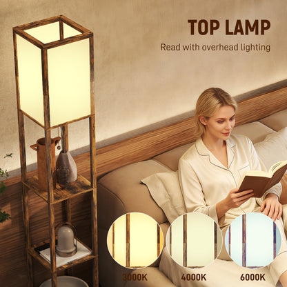 Floor Lamp with Shelves, 4 Layer Standing Lamp with USB Ports, 3 Colour Temperature, Rustic Brown