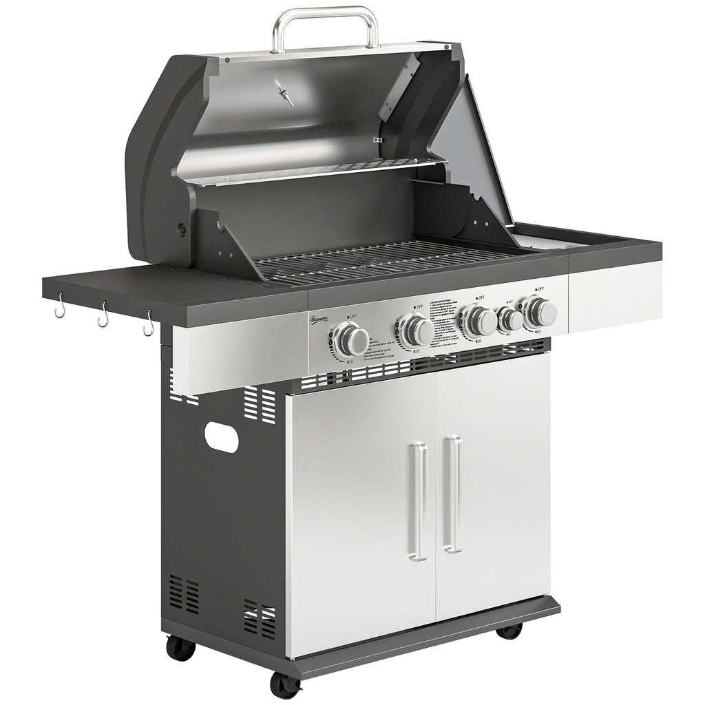 Outsunny 4+1 Burner Gas BBQ Grill, Portable Gas Barbecue Grill with Side Burner, Warming Rack, Side Shelf, Storage Cabinet