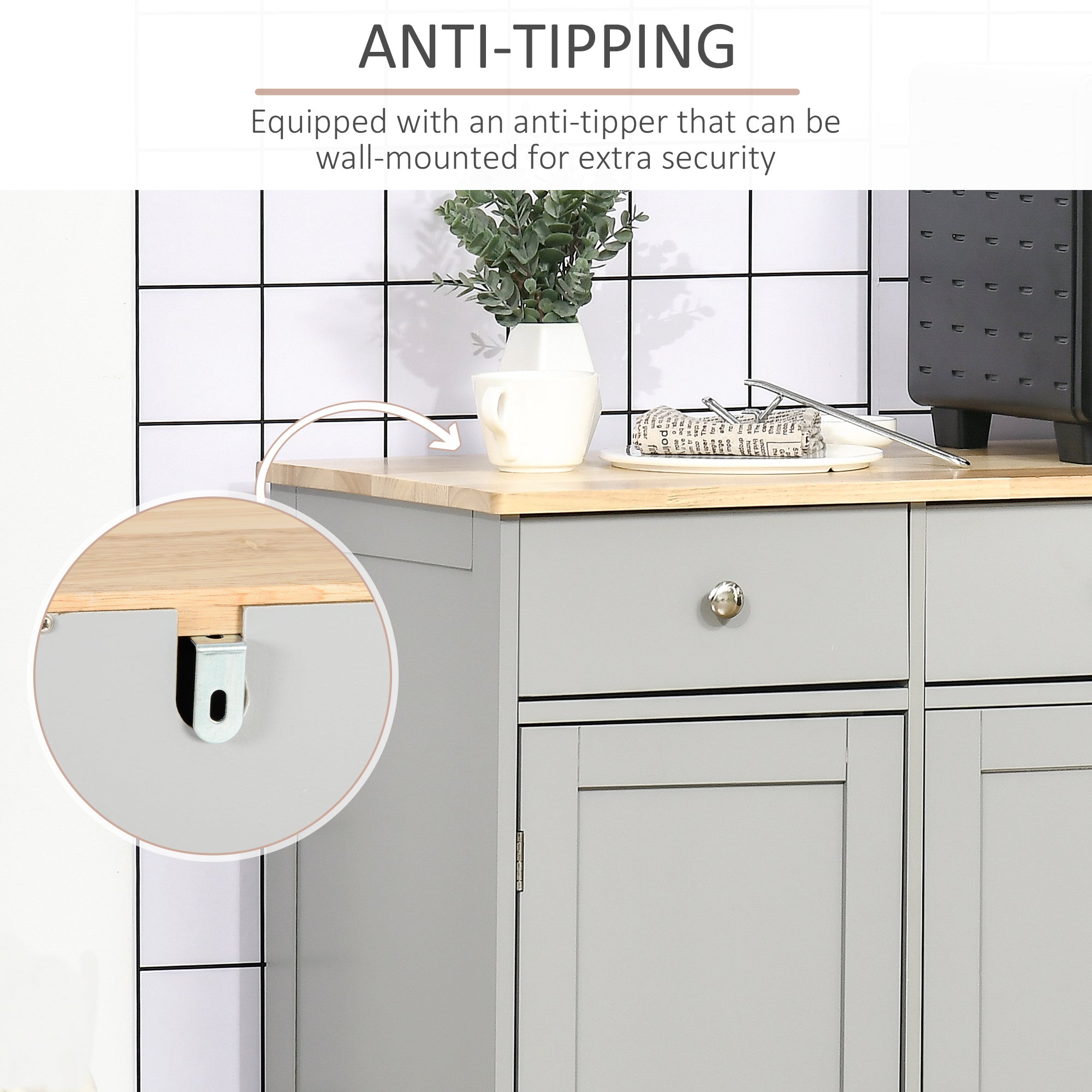 HOMCOM Sideboard with Rubberwood Top and Independent Storage Shelves for Dining Room, Kitchen - Grey