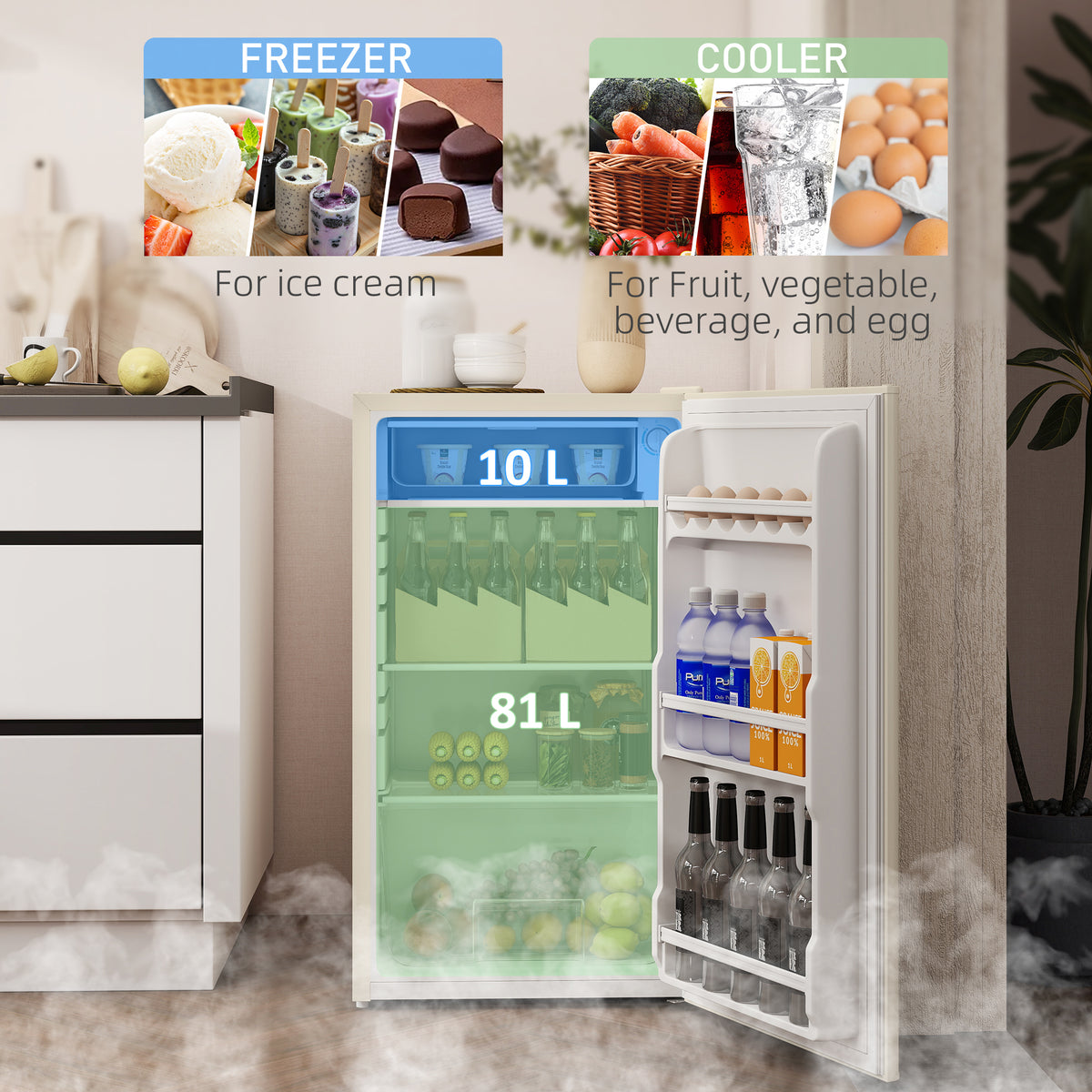 Under Counter Fridge, 91L Small Fridge with Chiller Box, Removable Shelf, Reversible Door, Adjustable Legs, Mini Refrigerator, Beige