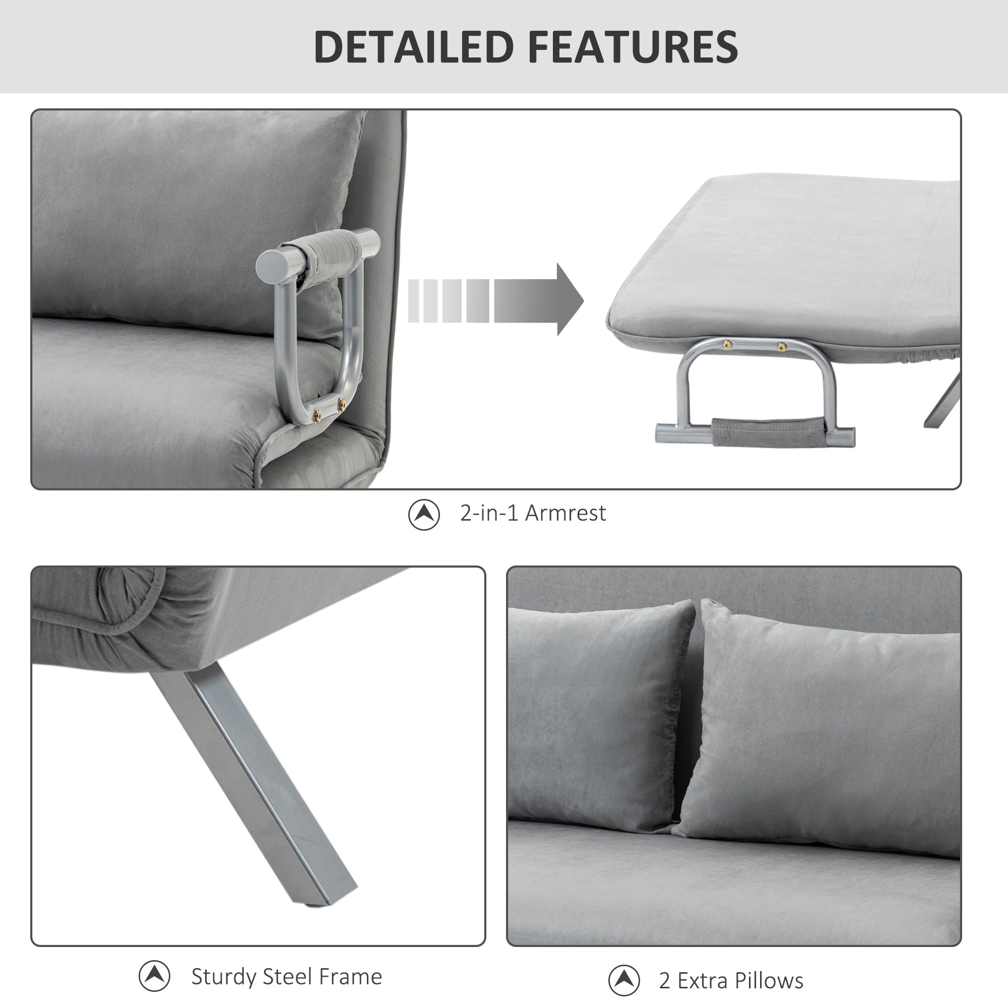 HOMCOM Two-Seater Click-Clack Sofa Bed with Pillows - Light Grey
