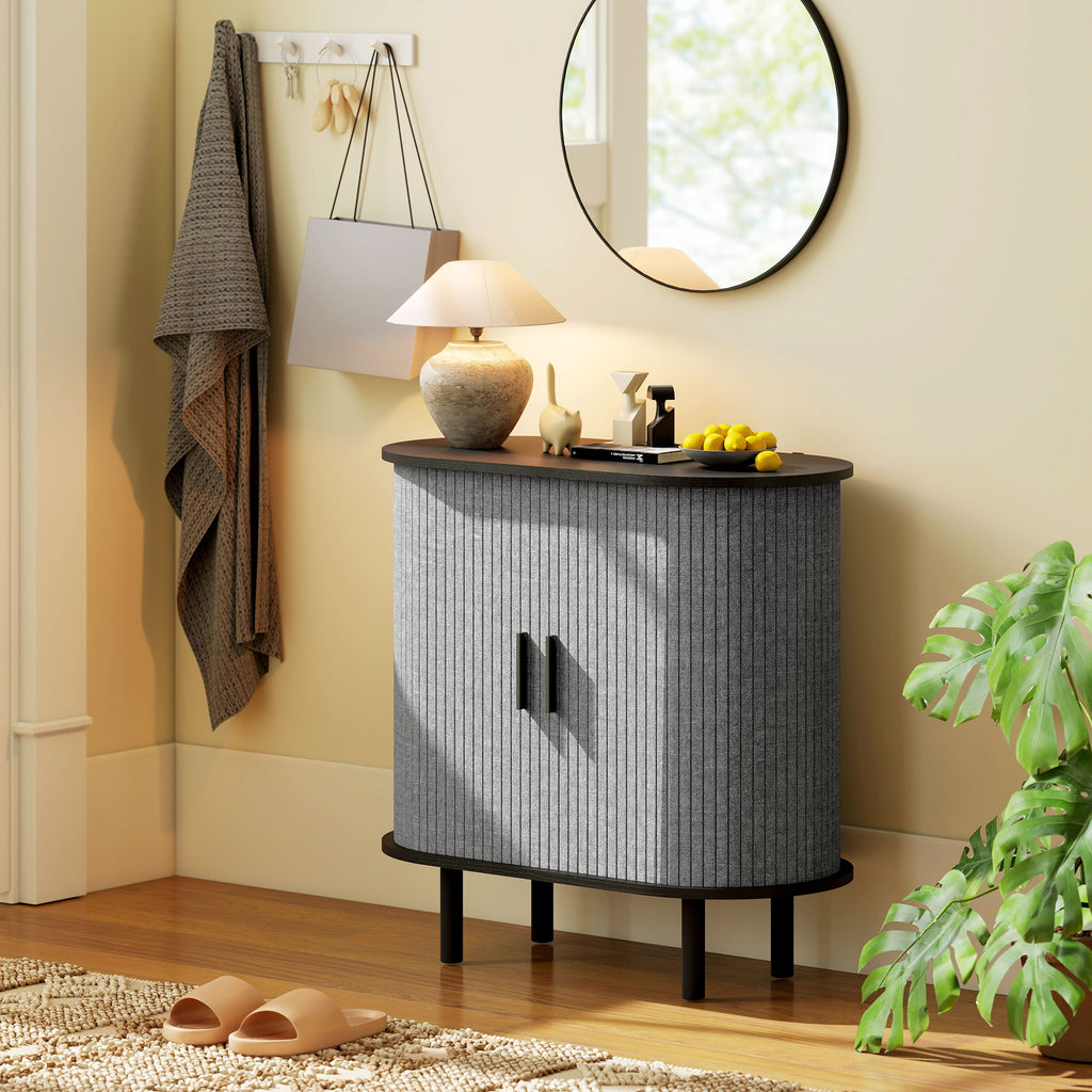 HOMCOM Tambour Sideboard with Fluted Sliding Doors, Modern Kitchen Cupboard with Storage Shelves and Wooden Legs, Grey