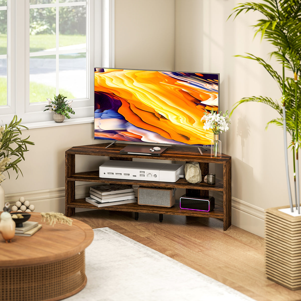 Corner TV Stand with 2 Open Shelves for 47 Inch TV - Rustic Brown