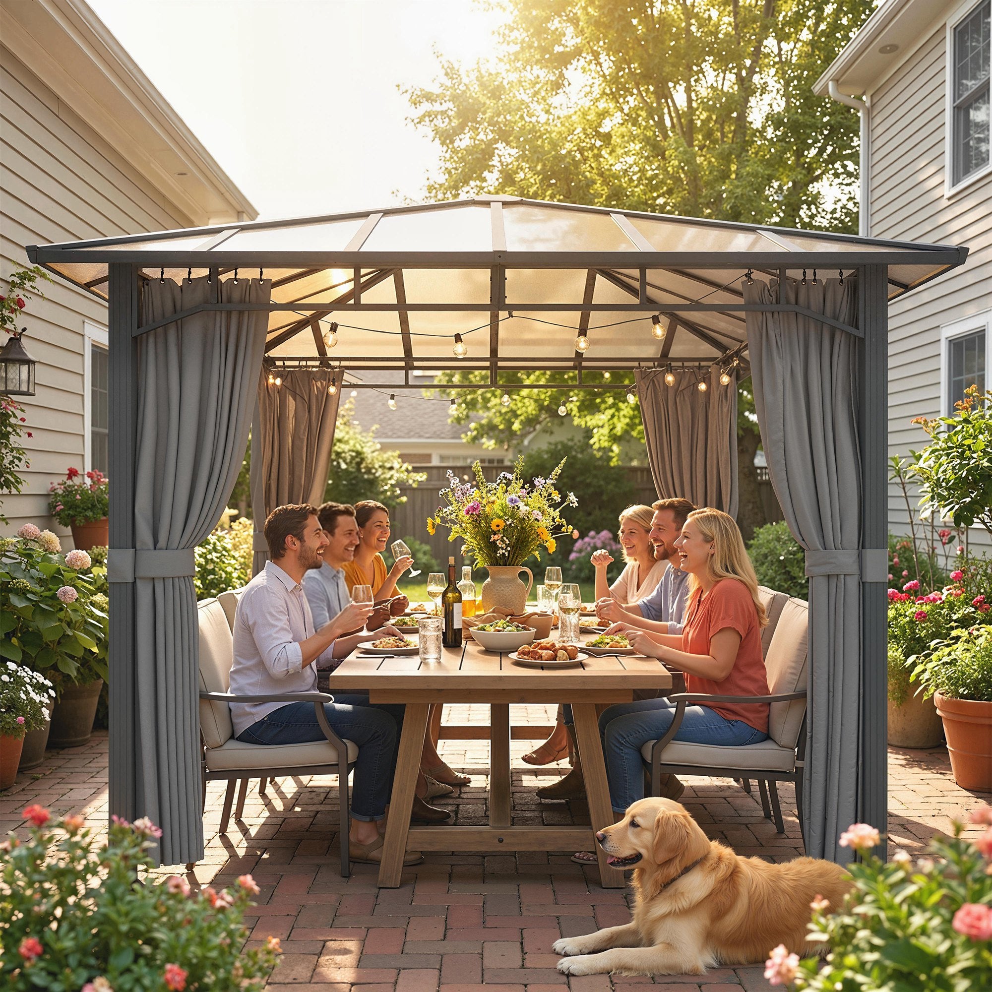 Outsunny 3 x 3 m Outdoor Hardtop Gazebo Canopy with PC Roof, Aluminium Permanent Pavilion Garden Gazebo with Curtains, Tan