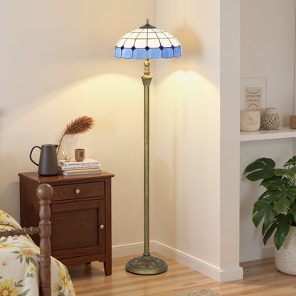 Tiffany-Style Floor Lamp with Handcrafted Stained Glass Shade, 152cm Tall Vintage Standing Lamp with Foot Switch and Dual Sockets for Living Room Bedroom, Bronze Tone and Blue