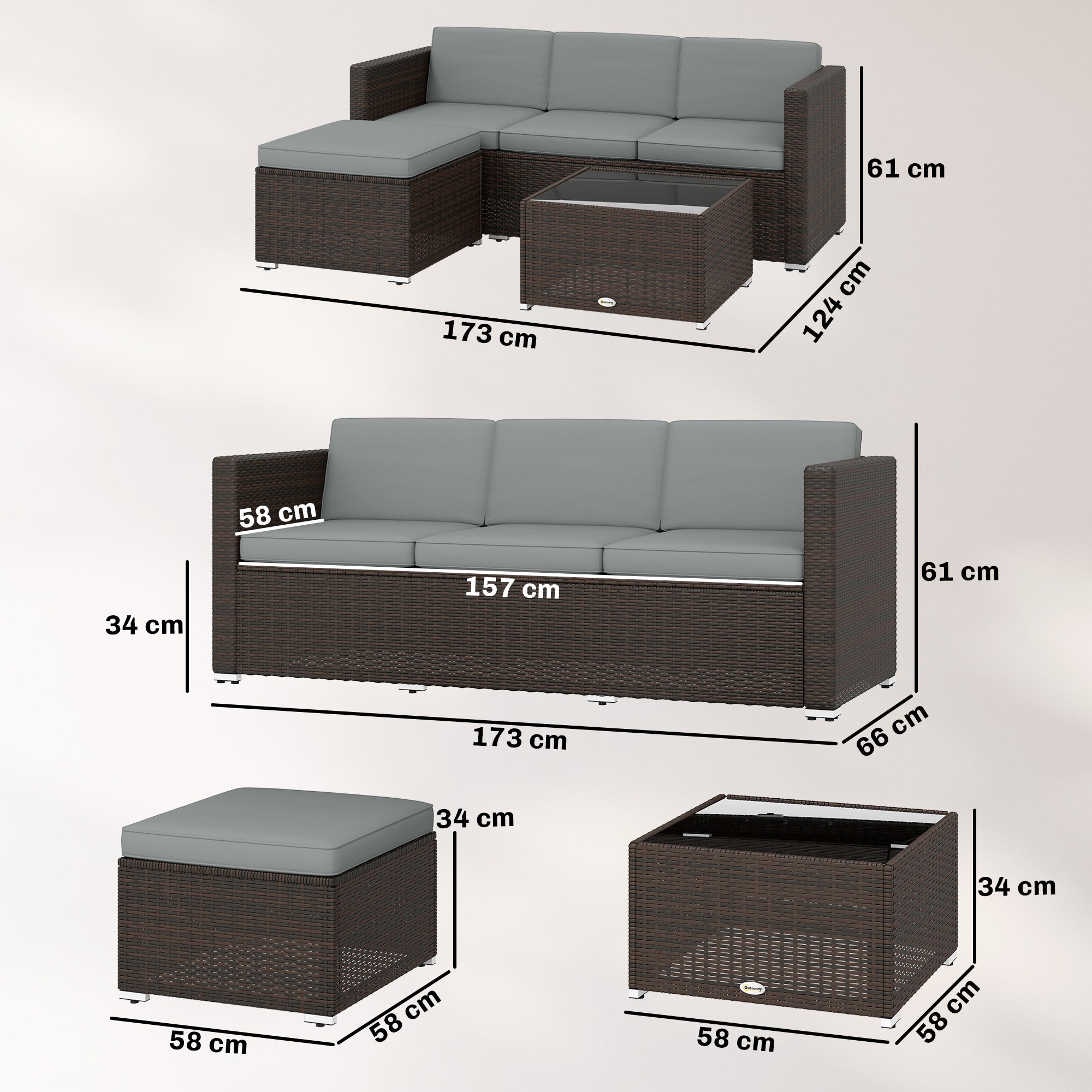 Outsunny 3 Pieces Garden Furniture Set w/ Cushions, PE Rattan Wicker Conversation Corner Sofa Set, Light Grey