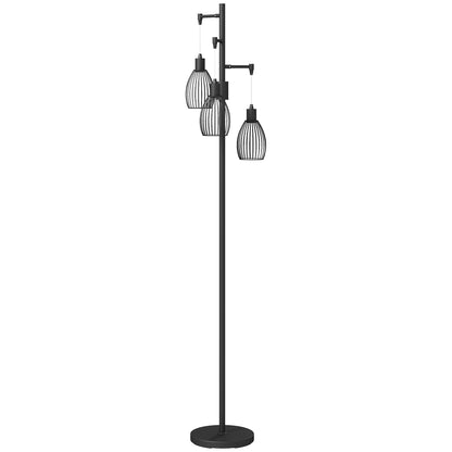 3-Light LED Floor Lamp, 170cm Industrial Dimmable Standing Lamp with Steel Wire Cage Lampshades, 2700K for Living Room, Bedroom, Dining Room, Study, Black
