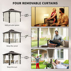 Outsunny 3 x 3(m) Hardtop Gazebo Canopy with UPF30+ Double Polycarbonate Roof, Aluminium Frame Garden Gazebo Permanent Pavilion with Mosquito Netting and Curtains for Patio, Deck, Beige