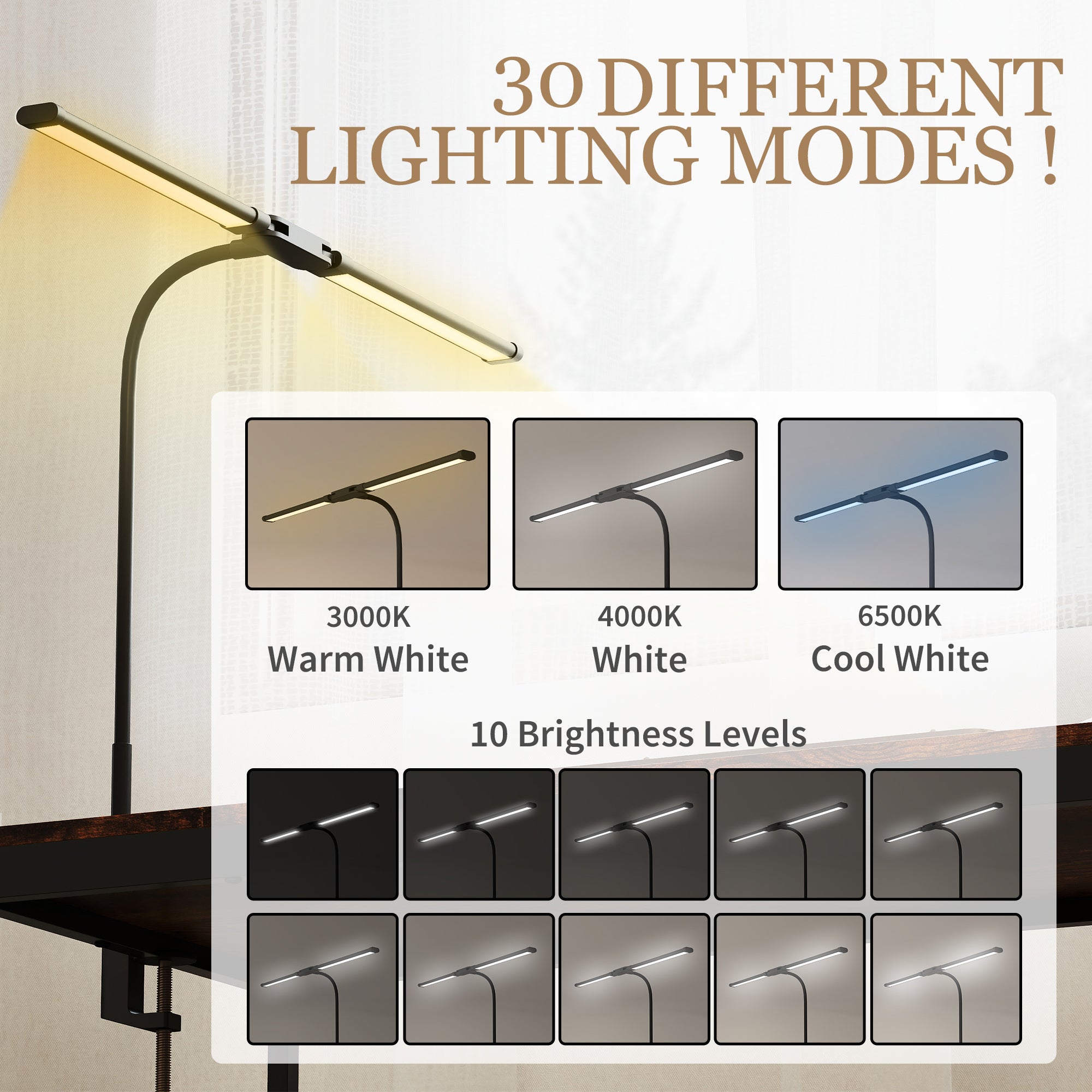 LED Desk Lamp with Clamp, Double Head Table Lamp with 3 Colour Modes & 10 Brightness Levels, Flexible Gooseneck Reading Desk Light with Timer and Memory Function for Study, Office, Work, Black