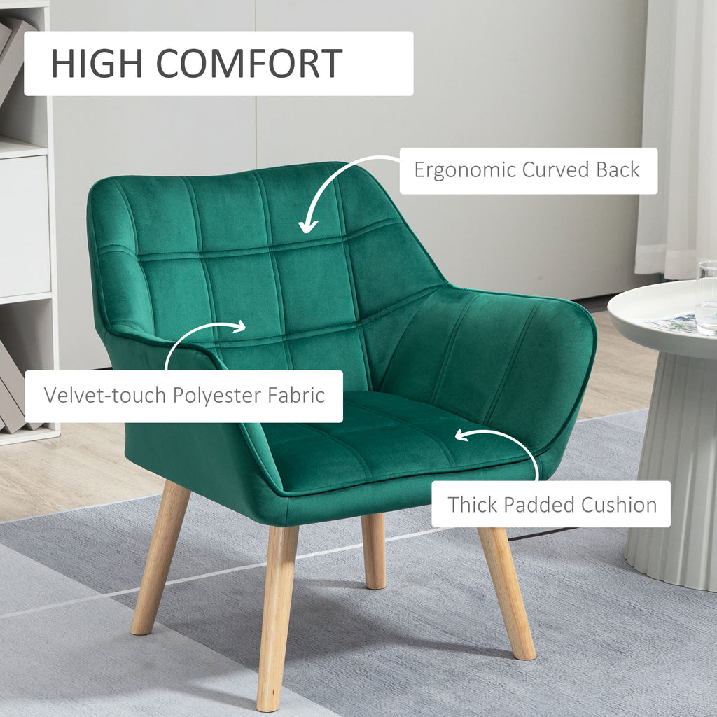 HOMCOM Accent Chair, Velvet Upholstered Vanity Tub Chair with Flared Armrests, Slanted Back, Solid Wood Legs, Comfy Padding Armchair, Home Bedroom Furniture Seating, Set of 2, Green