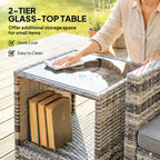 Outsunny Rattan Bistro Set, 3 Piece Garden Furniture Set with 2 Tier Glass Top Table and Cushions, Mixed Grey
