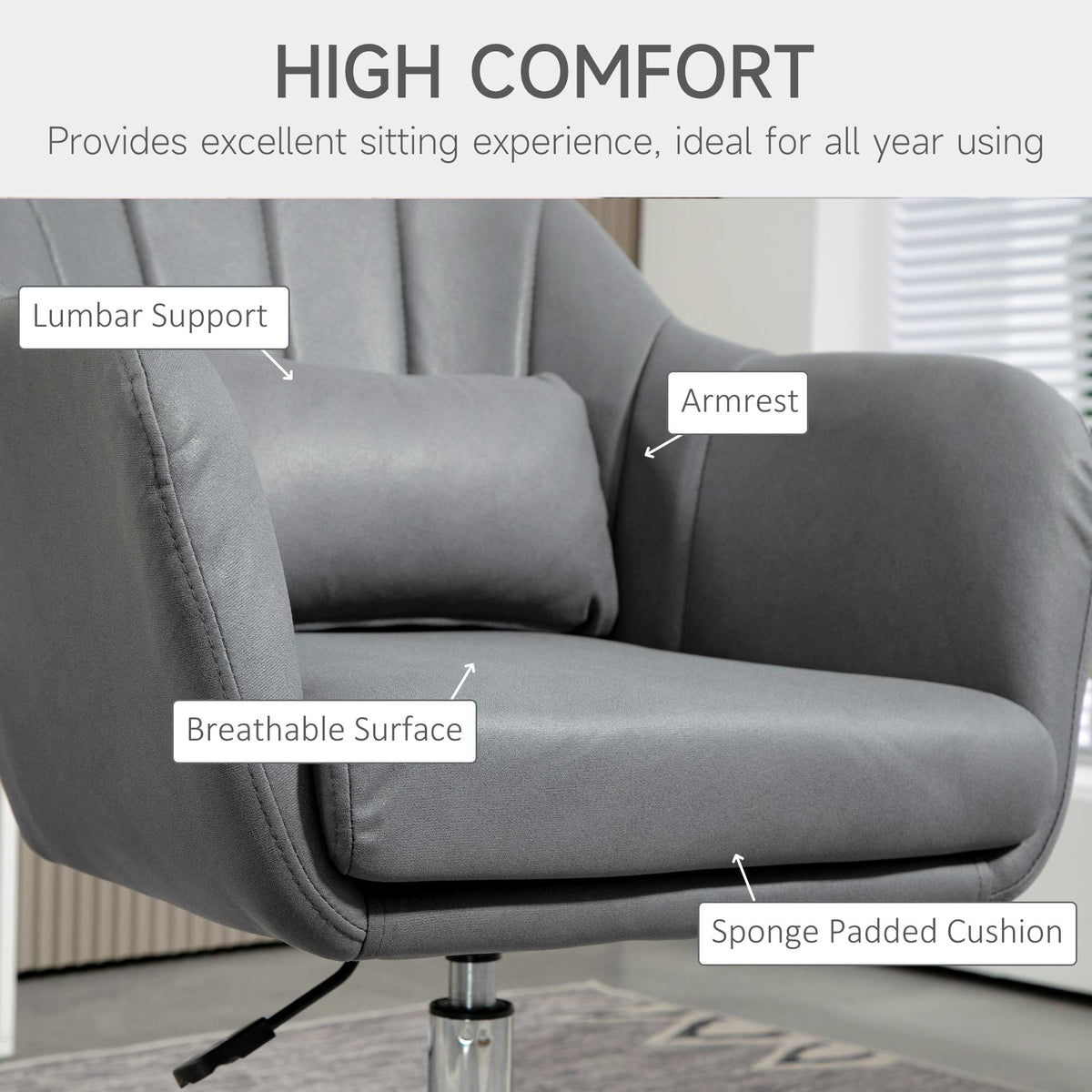 Swivel Accent Chair, Linen Fabric Tub Vanity Chair, Modern Armchair with Adjustable Height and Lumbar Support for Living Room Bedroom Salon Make up Room Dressing Table, Dark Grey