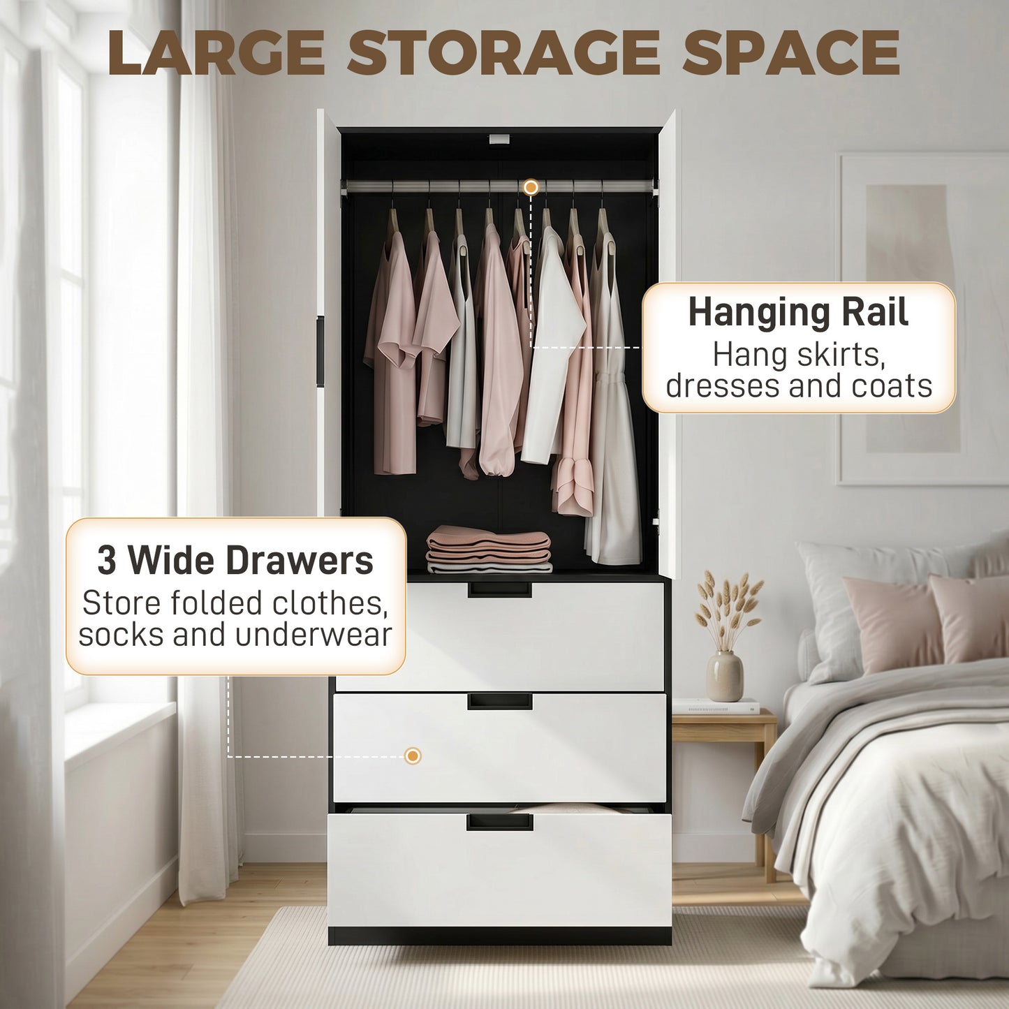 2 Door Wardrobe, Modern Wardrobe with 3 Drawers and Hanging Rod for Bedroom, Black