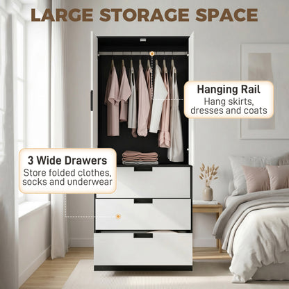 2 Door Wardrobe, Modern Wardrobe with 3 Drawers and Hanging Rod for Bedroom, Black