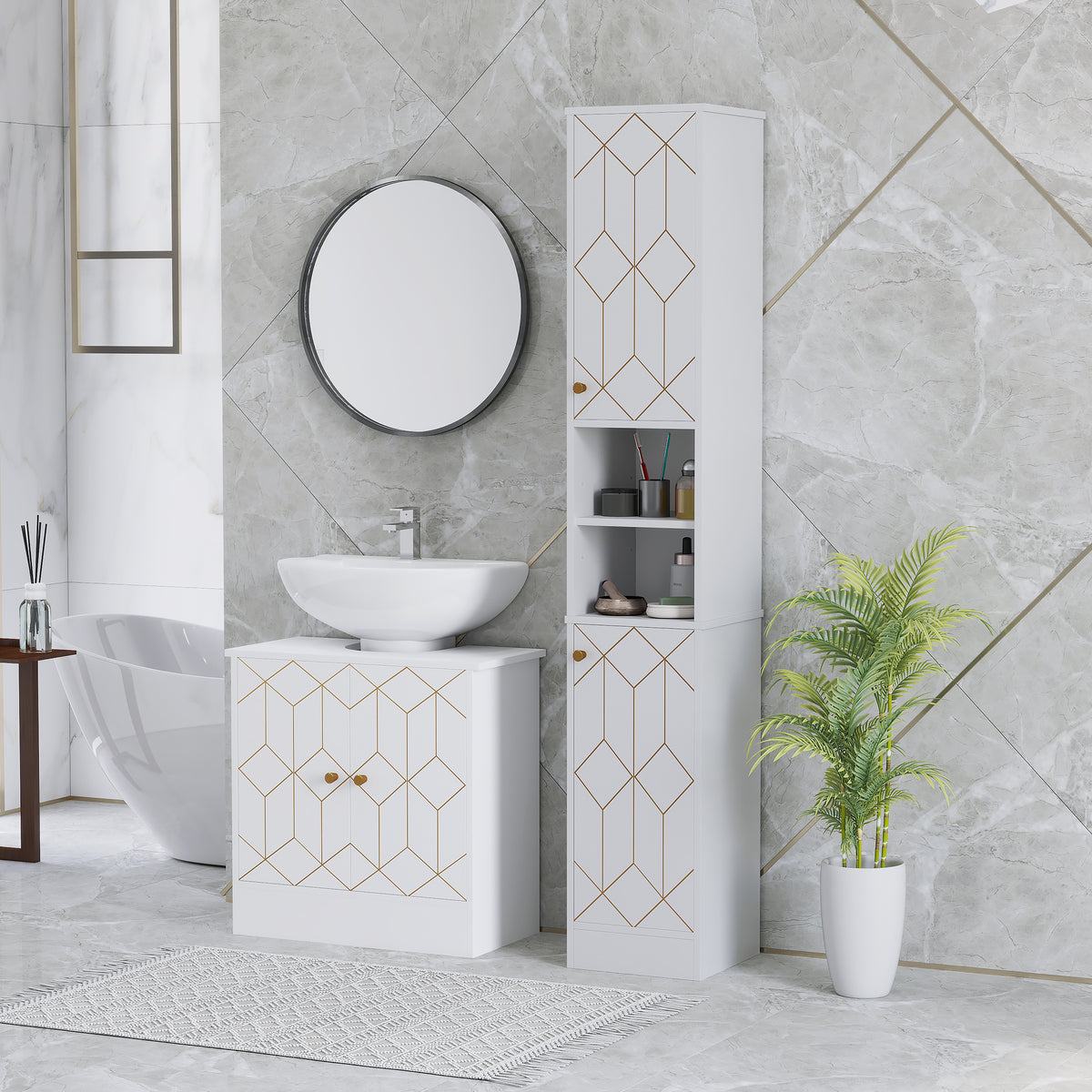 Tall Bathroom Storage Cabinet with Doors, Slim Bathroom Storage Unit with Adjustable Shelves, Freestanding Bathroom Storage Unit, White