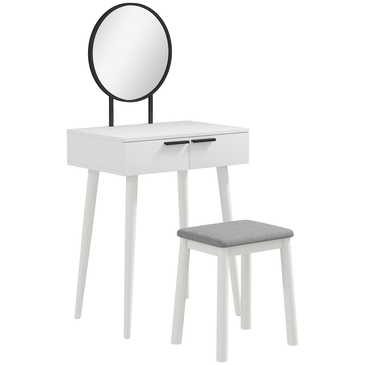 Modern Dressing Table with Round Mirror and Stool, Makeup Vanity Table with 2 Drawers for Bedroom, Living Room, 60 x 40 x 123 cm, White