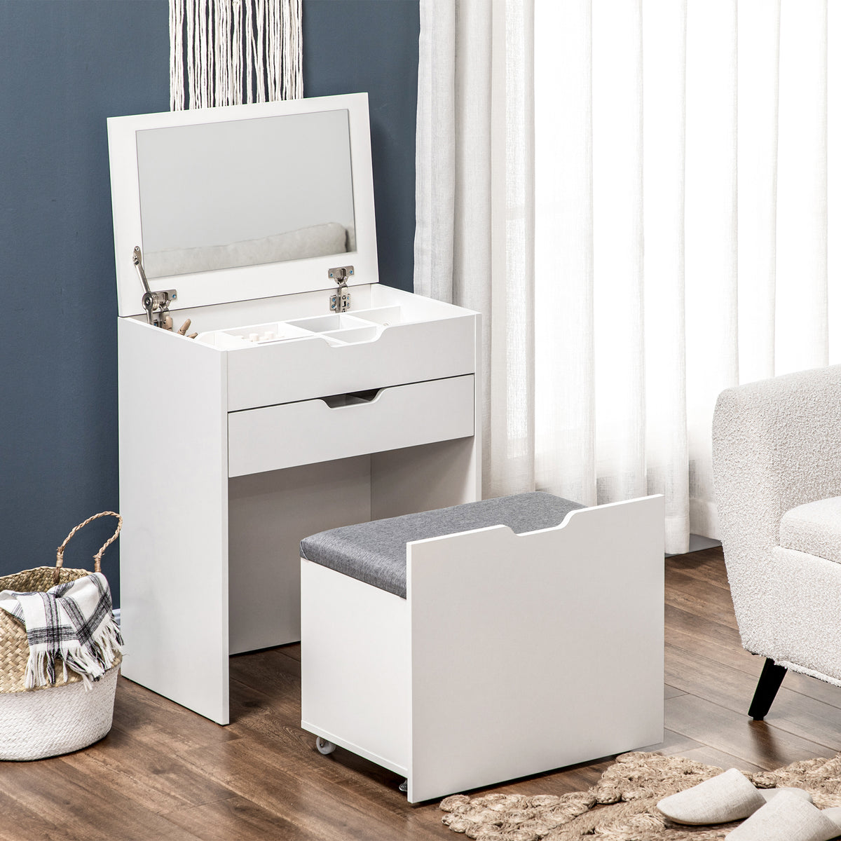 Dressing Table with Flip-up Mirror and Storage Stool, Vanity Table with Drawer and Hidden Compartments for Bedroom, Living Room, White