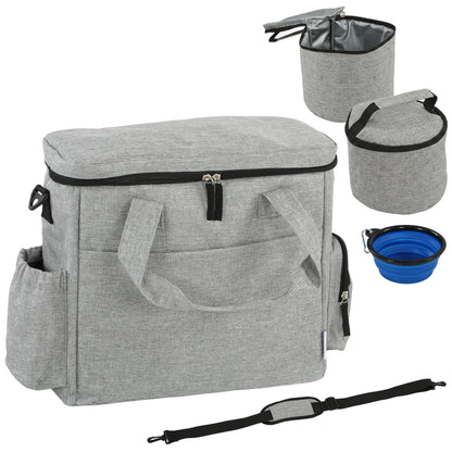 PawHut Dog Travel Bag, Waterproof Walking Bag with Multiple Pockets, Two Food Containers and Collapsible Bowl for Cat Puppy