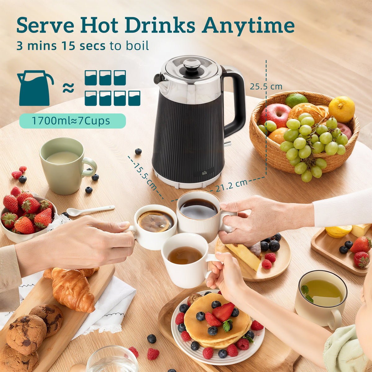 Electric Stainless Steel Kettle and Toaster Set, 3000W 1.7L UK Strix Thermostat Fast Boil Kettle w/ Limescale Filter, Cool Touch Body, 4 Slice Toaster with 7 Browning Levels, Black