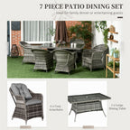 Outsunny Seven-Piece Rattan Dining Set with Tempered Glass Table Top and Parasol Hole - Grey