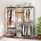 Portable Wardrobe, Open Clothes Wardrobe with 8 Shelves, 3 Hanging Rails, Light Grey