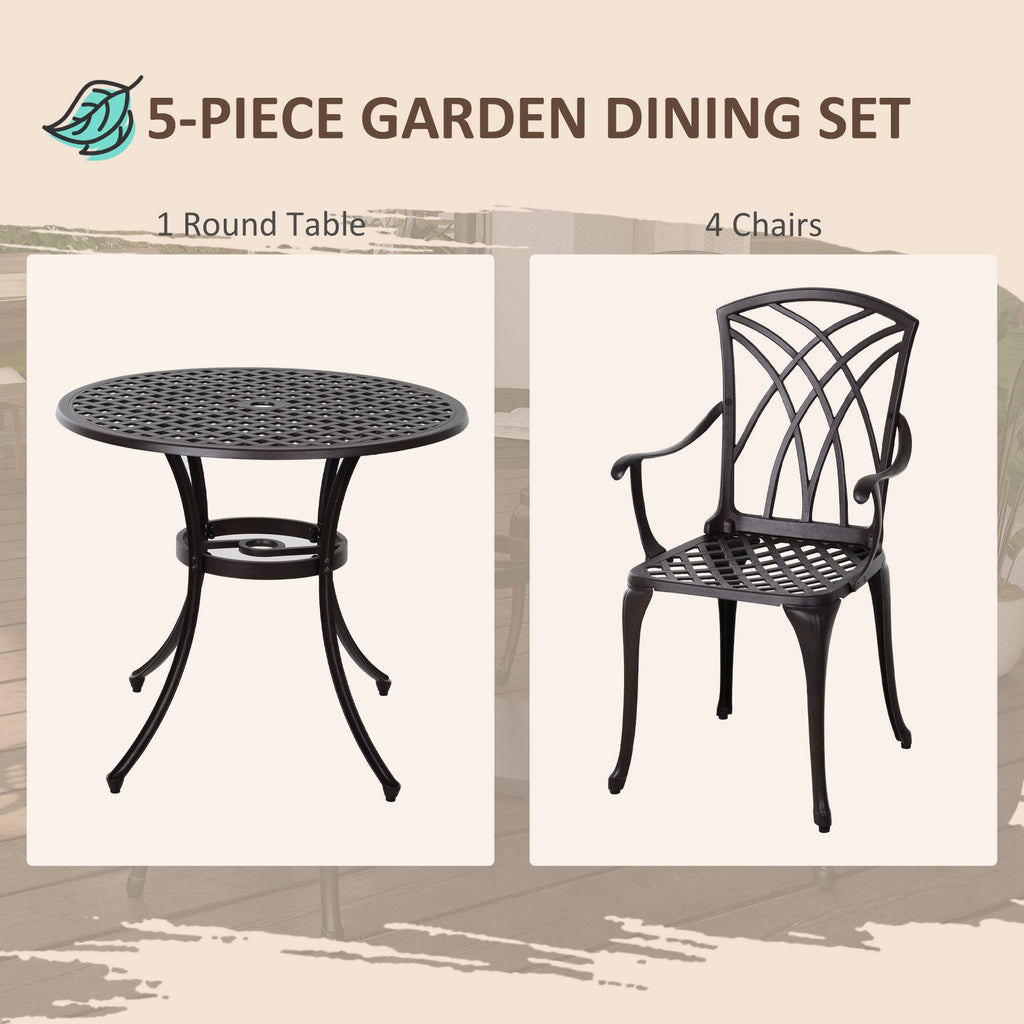 Outsunny 5 Pieces Garden Dining Set for 4, Cast Aluminium Outdoor Dining Set with 4 Armchairs and Round Dining Table with Parasol Hole, Garden Furniture Bistro Set, Brown